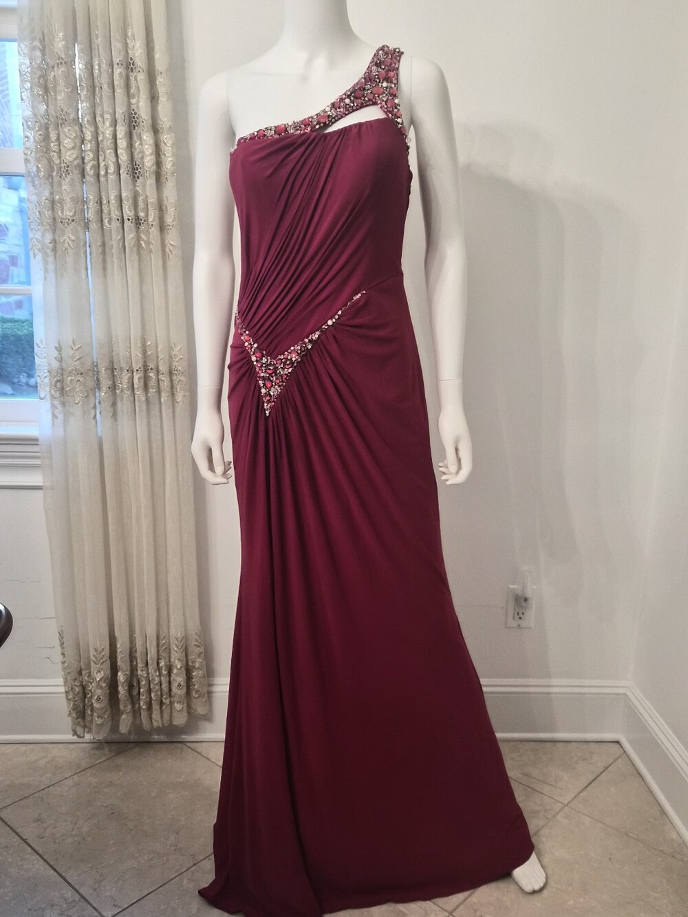NWOT Basix One-Shoulder Deep Red Evening Gown with Beaded Trim, Front Slit